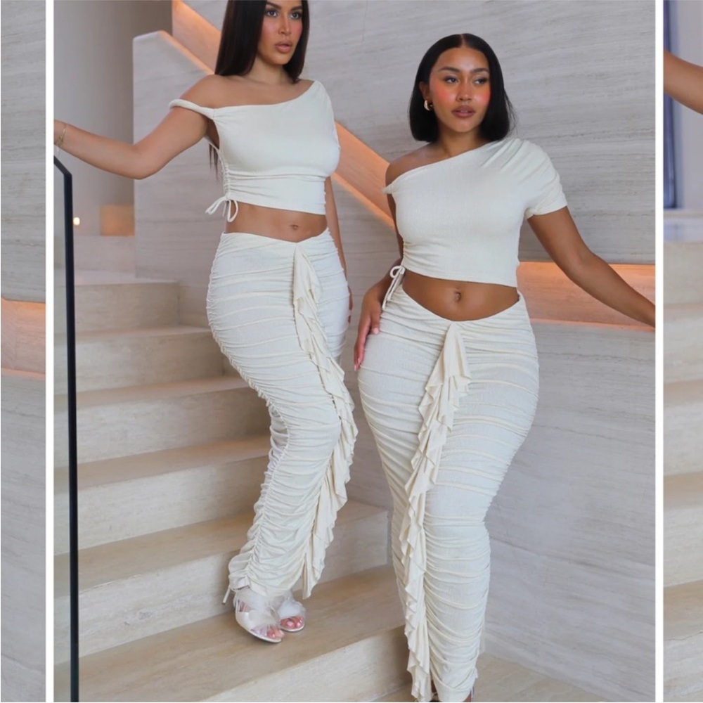 Bad Society Club Set Chic Cream Ruched Maxi Skirt